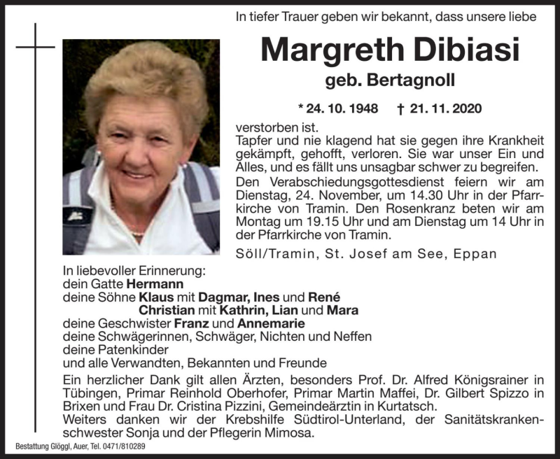  Traueranzeige für Margreth Dibiasi vom 23.11.2020 aus Dolomiten