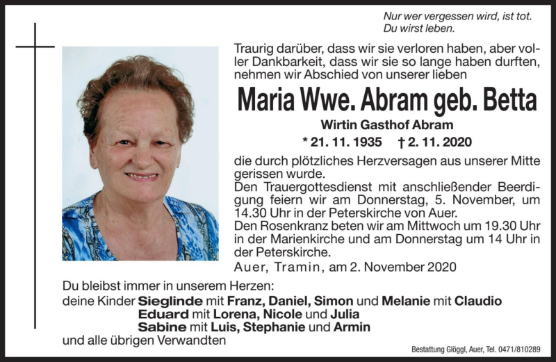  Traueranzeige für Maria Abram vom 03.11.2020 aus Dolomiten