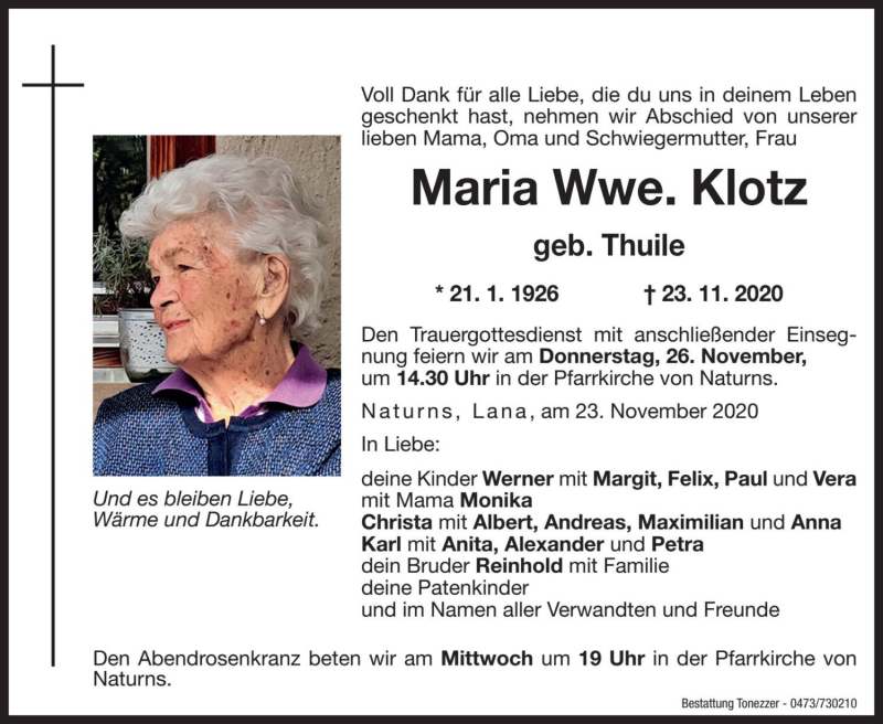  Traueranzeige für Maria Klotz vom 25.11.2020 aus Dolomiten