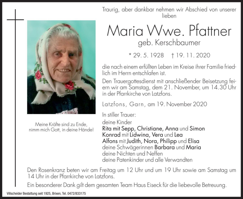  Traueranzeige für Maria Pfattner vom 20.11.2020 aus Dolomiten