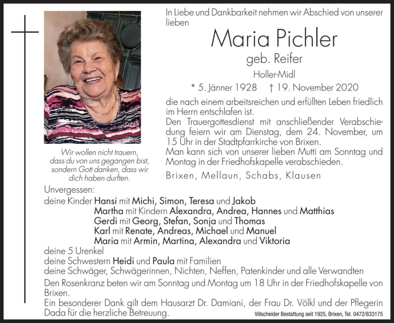  Traueranzeige für Maria Pichler vom 21.11.2020 aus Dolomiten