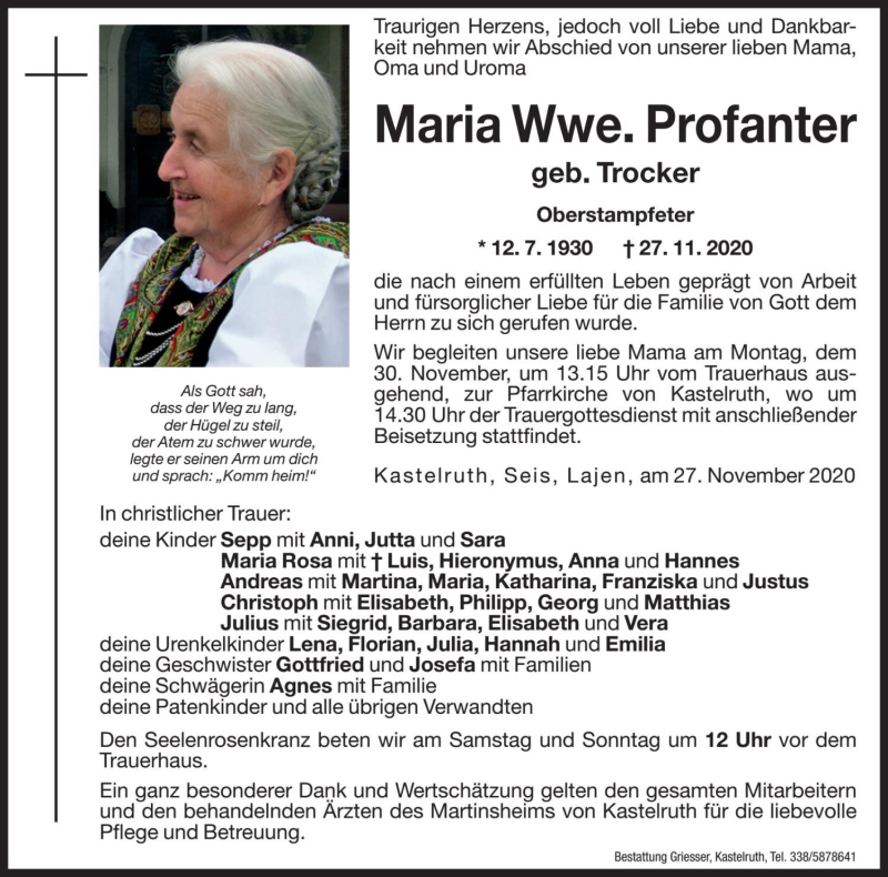  Traueranzeige für Maria Profanter vom 28.11.2020 aus Dolomiten