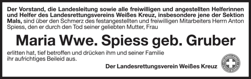  Traueranzeige für Maria Spiess vom 18.11.2020 aus Dolomiten