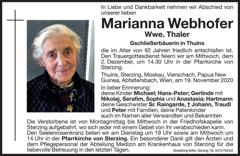  Traueranzeige für Marianna Thaler vom 28.11.2020 aus Dolomiten