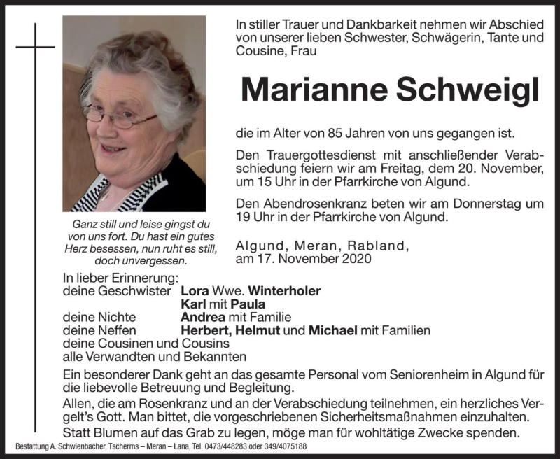  Traueranzeige für Marianne Schweigl vom 18.11.2020 aus Dolomiten