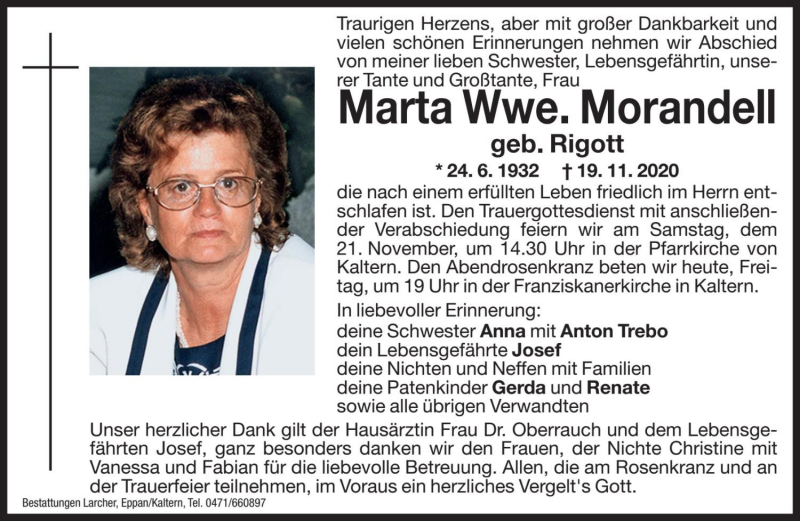  Traueranzeige für Marta Morandell vom 20.11.2020 aus Dolomiten