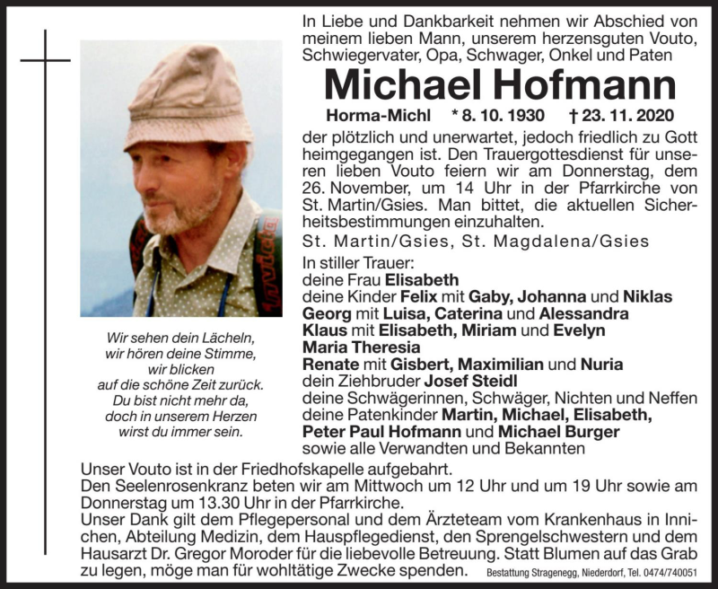  Traueranzeige für Michael Hofmann vom 25.11.2020 aus Dolomiten