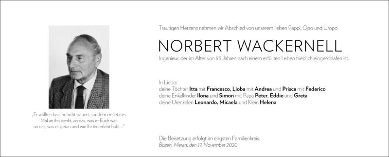  Traueranzeige für Norbert Wackernell vom 19.11.2020 aus Dolomiten