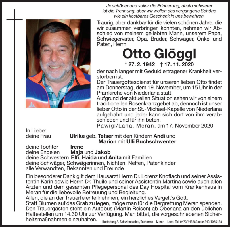  Traueranzeige für Otto Glöggl vom 18.11.2020 aus Dolomiten
