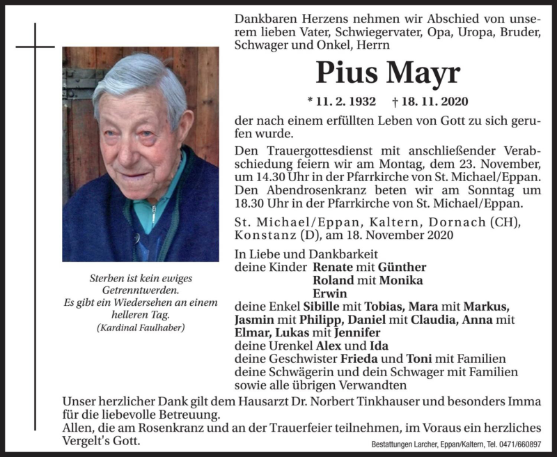  Traueranzeige für Pius Mayr vom 20.11.2020 aus Dolomiten