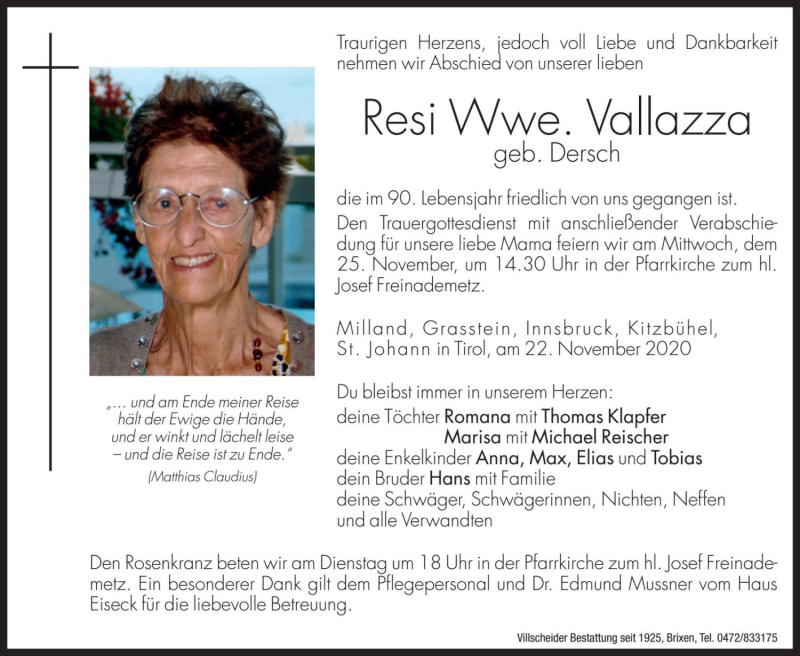  Traueranzeige für Resi Vallazza vom 23.11.2020 aus Dolomiten