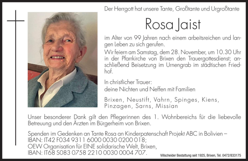  Traueranzeige für Rosa Jaist vom 26.11.2020 aus Dolomiten