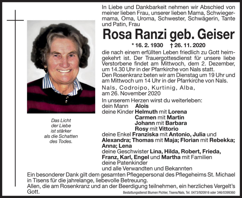  Traueranzeige für Rosa Ranzi vom 28.11.2020 aus Dolomiten