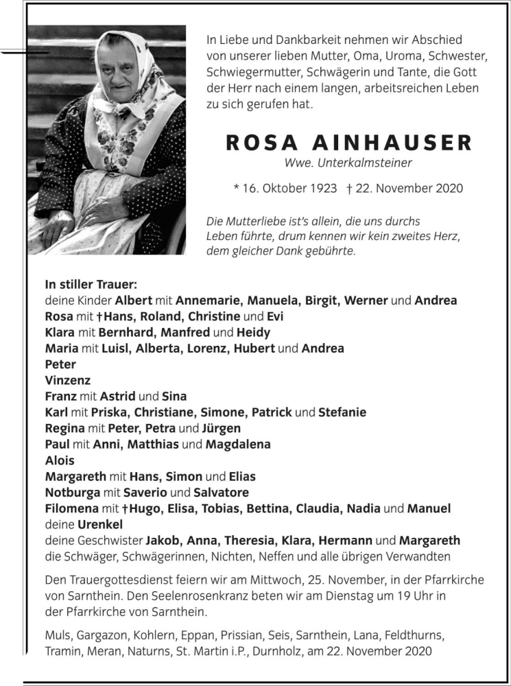  Traueranzeige für Rosa Unterkalmsteiner vom 24.11.2020 aus Dolomiten
