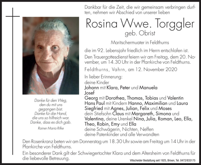  Traueranzeige für Rosina Torggler vom 18.11.2020 aus Dolomiten