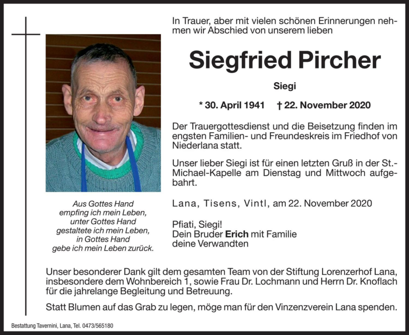  Traueranzeige für Siegfried Pircher vom 24.11.2020 aus Dolomiten
