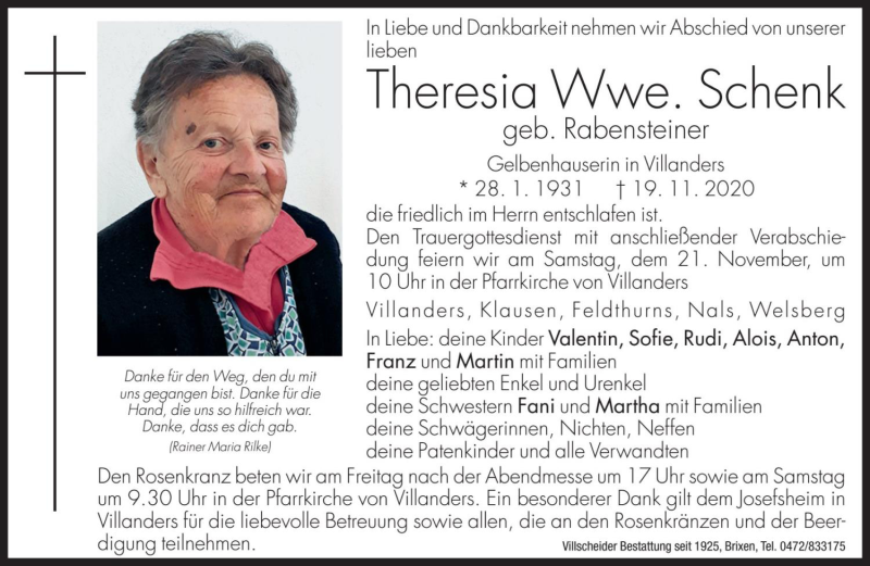  Traueranzeige für Theresia Schenk vom 20.11.2020 aus Dolomiten