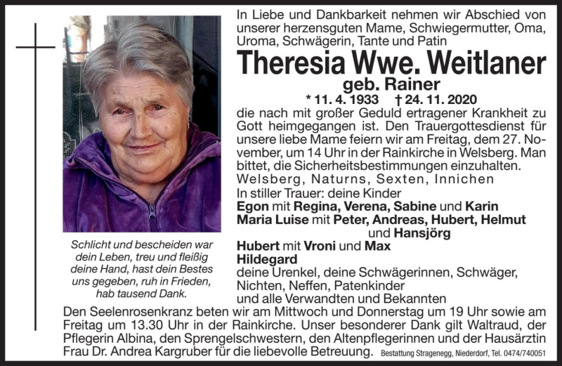  Traueranzeige für Theresia Weitlaner vom 25.11.2020 aus Dolomiten