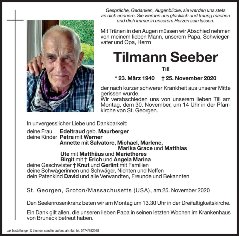  Traueranzeige für Tilmann Seeber vom 28.11.2020 aus Dolomiten