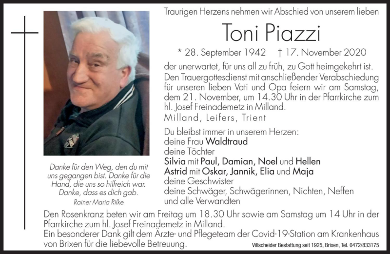  Traueranzeige für Toni Piazzi vom 19.11.2020 aus Dolomiten