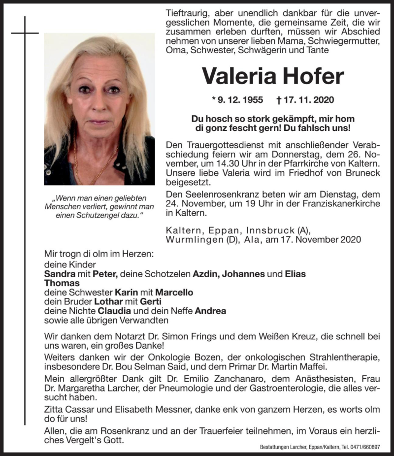  Traueranzeige für Valeria Hofer vom 23.11.2020 aus Dolomiten