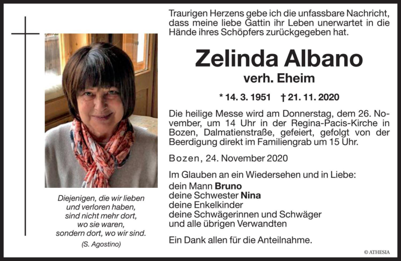  Traueranzeige für Zelinda Eheim vom 24.11.2020 aus Dolomiten