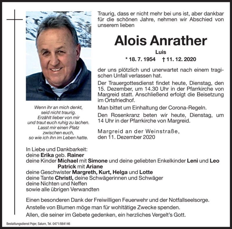  Traueranzeige für Alois Anrather vom 15.12.2020 aus Dolomiten