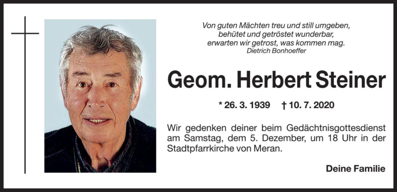  Traueranzeige für Herbert Steiner vom 04.12.2020 aus Dolomiten