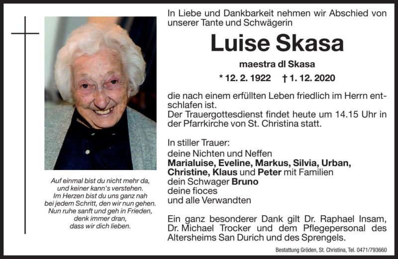  Traueranzeige für Luise Skasa vom 03.12.2020 aus Dolomiten