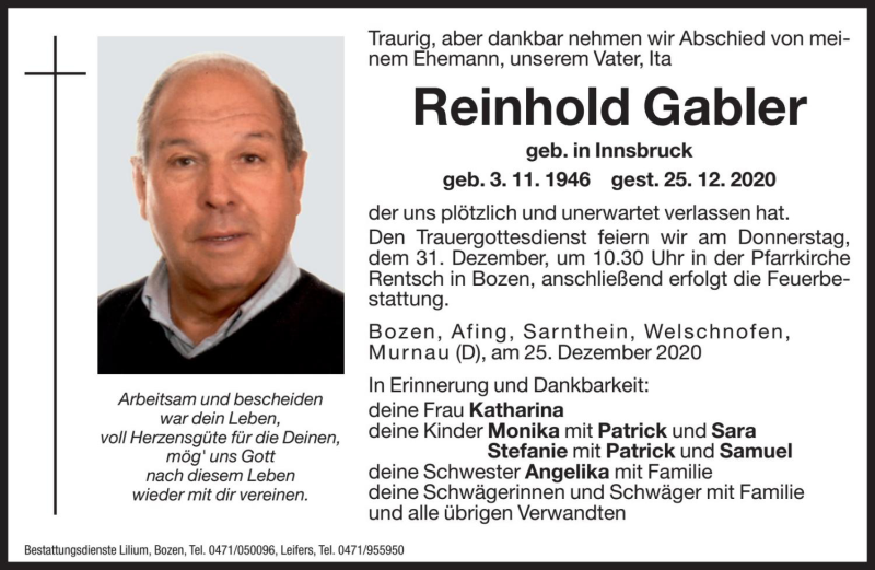  Traueranzeige für Reinhold Gabler vom 30.12.2020 aus Dolomiten