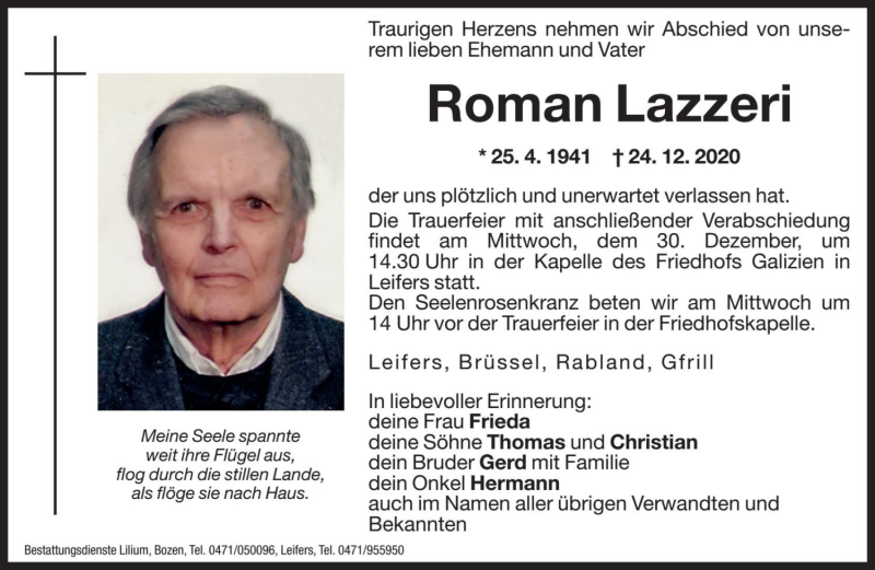  Traueranzeige für Roman Lazzeri vom 29.12.2020 aus Dolomiten
