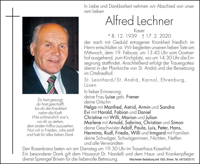  Traueranzeige für Alfred Lechner vom 18.02.2020 aus Dolomiten