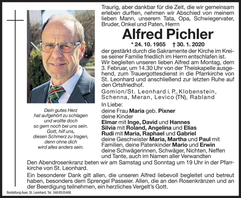  Traueranzeige für Alfred Pichler vom 01.02.2020 aus Dolomiten