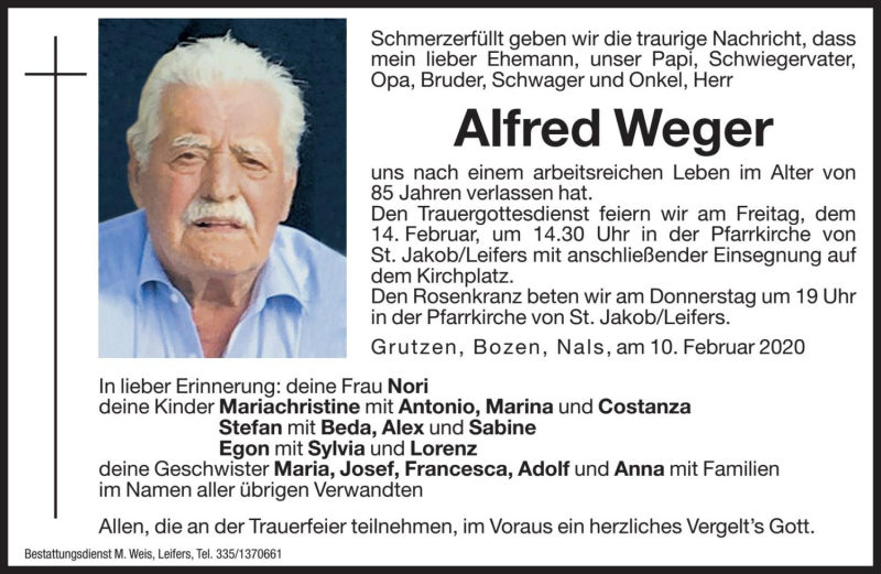  Traueranzeige für Alfred Weger vom 12.02.2020 aus Dolomiten