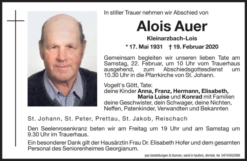  Traueranzeige für Alois Auer vom 21.02.2020 aus Dolomiten