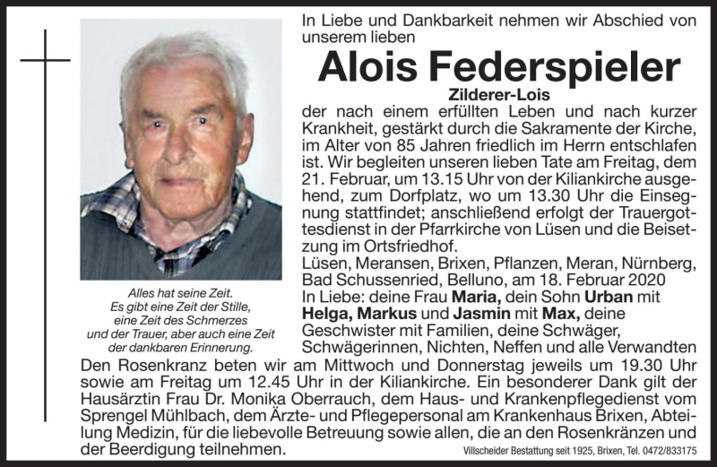  Traueranzeige für Alois Federspieler vom 19.02.2020 aus Dolomiten
