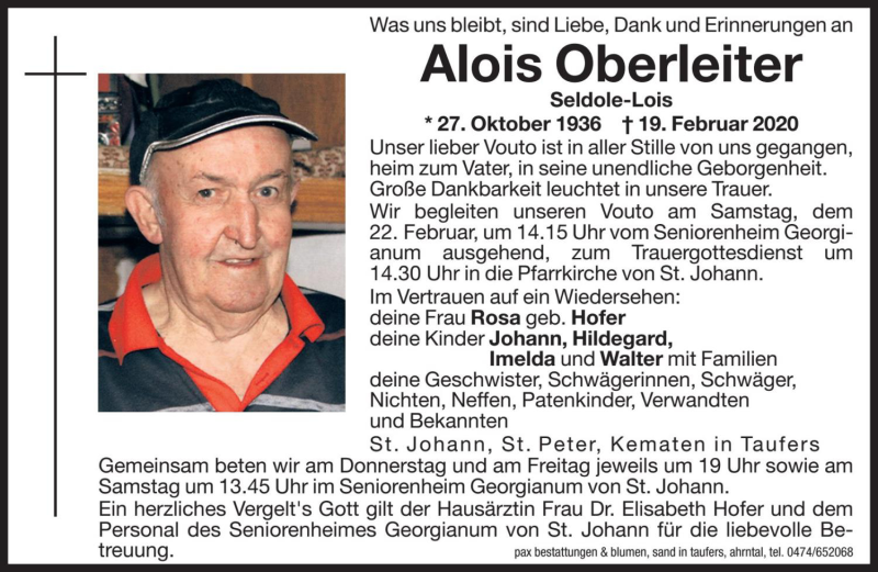  Traueranzeige für Alois Oberleiter vom 21.02.2020 aus Dolomiten