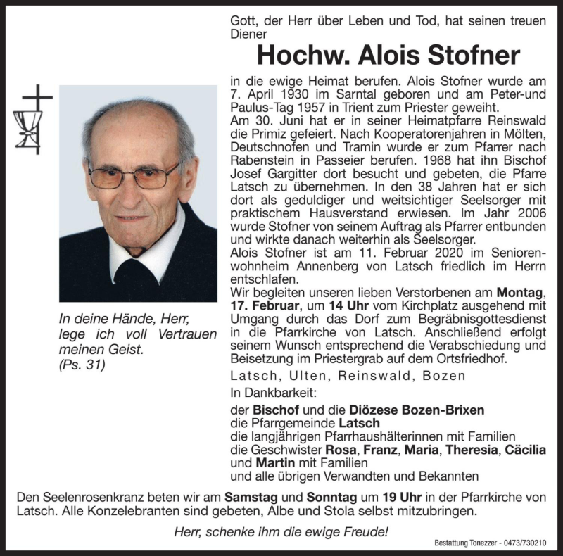  Traueranzeige für Alois Stofner vom 14.02.2020 aus Dolomiten
