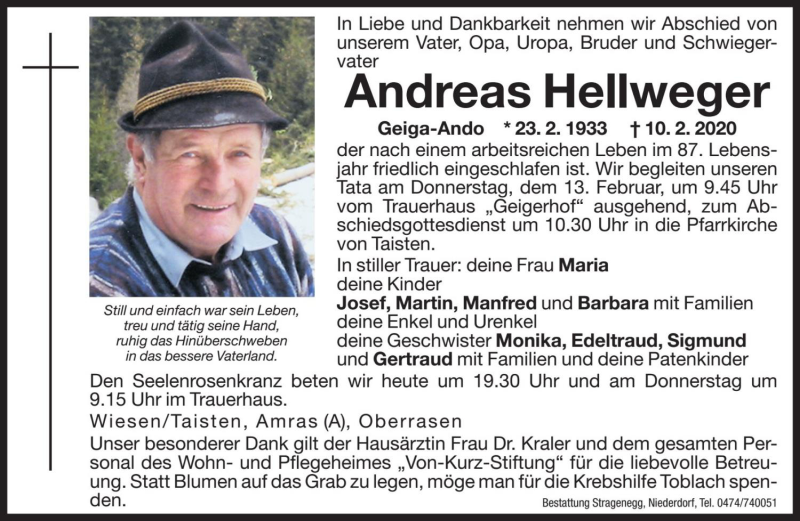  Traueranzeige für Andreas Hellweger vom 12.02.2020 aus Dolomiten