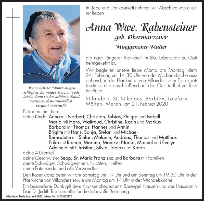 Traueranzeige für Anna Rabensteiner vom 22.02.2020 aus Dolomiten