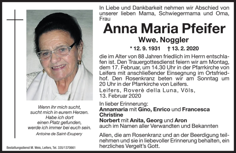  Traueranzeige für Anna Maria Noggler vom 14.02.2020 aus Dolomiten