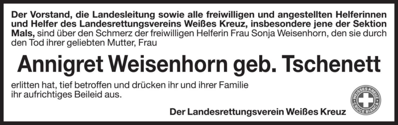  Traueranzeige für Annigret Weisenhorn vom 14.02.2020 aus Dolomiten