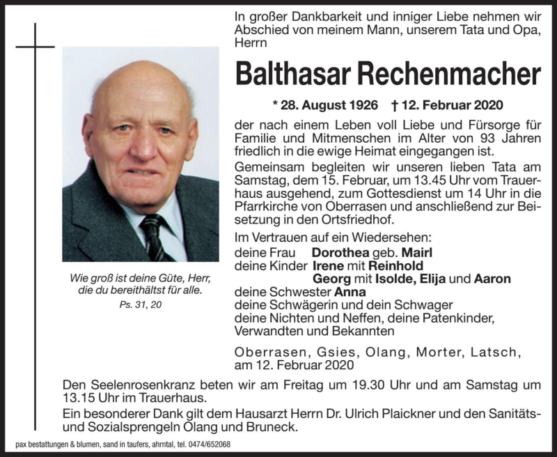  Traueranzeige für Balthasar Rechenmacher vom 14.02.2020 aus Dolomiten