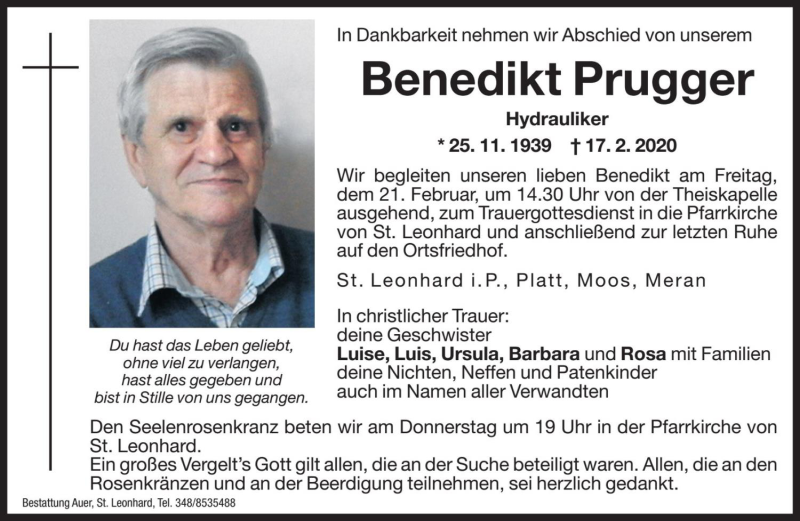  Traueranzeige für Benedikt Prugger vom 20.02.2020 aus Dolomiten