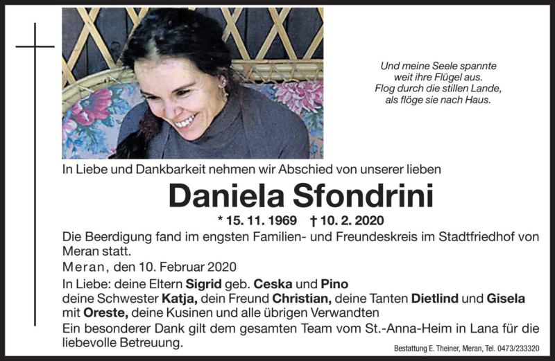  Traueranzeige für Daniela Sfondrini vom 14.02.2020 aus Dolomiten