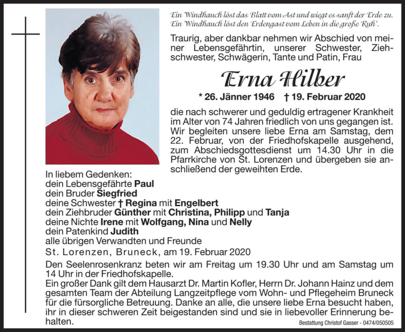  Traueranzeige für Erna Hilber vom 21.02.2020 aus Dolomiten