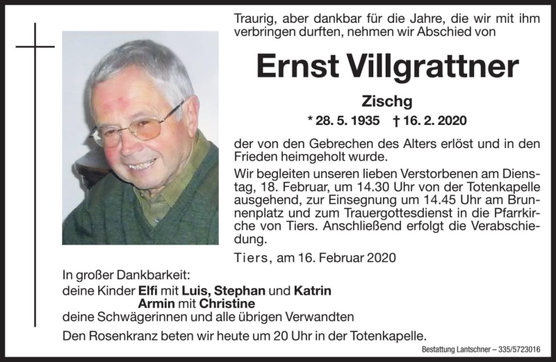  Traueranzeige für Ernst Villgrattner vom 17.02.2020 aus Dolomiten