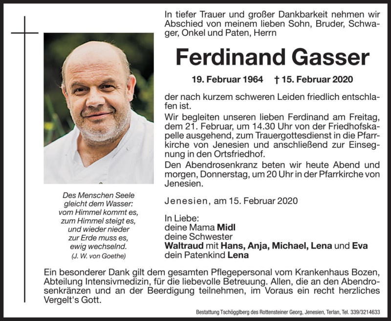  Traueranzeige für Ferdinand Gasser vom 19.02.2020 aus Dolomiten