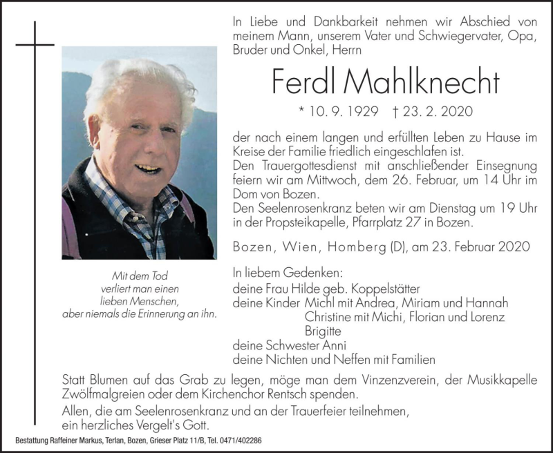  Traueranzeige für Ferdl Mahlknecht vom 24.02.2020 aus Dolomiten