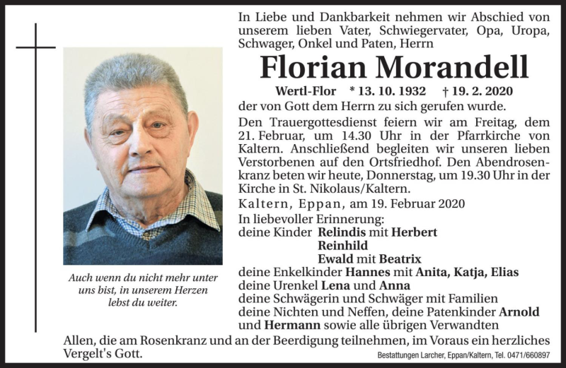  Traueranzeige für Florian Morandell vom 20.02.2020 aus Dolomiten
